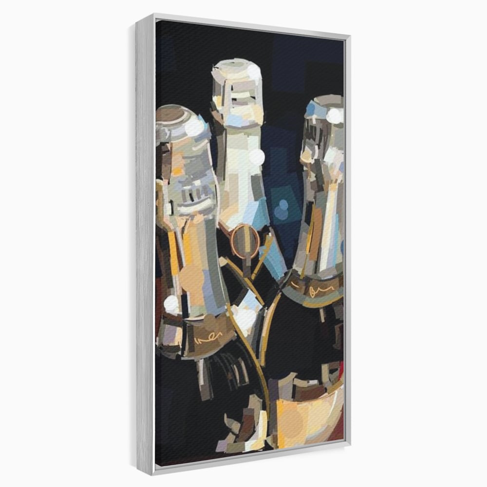 Tablou canvas cu pictura abstracta cu trei sticle de sampanie, in rama de aluminiu argintiu